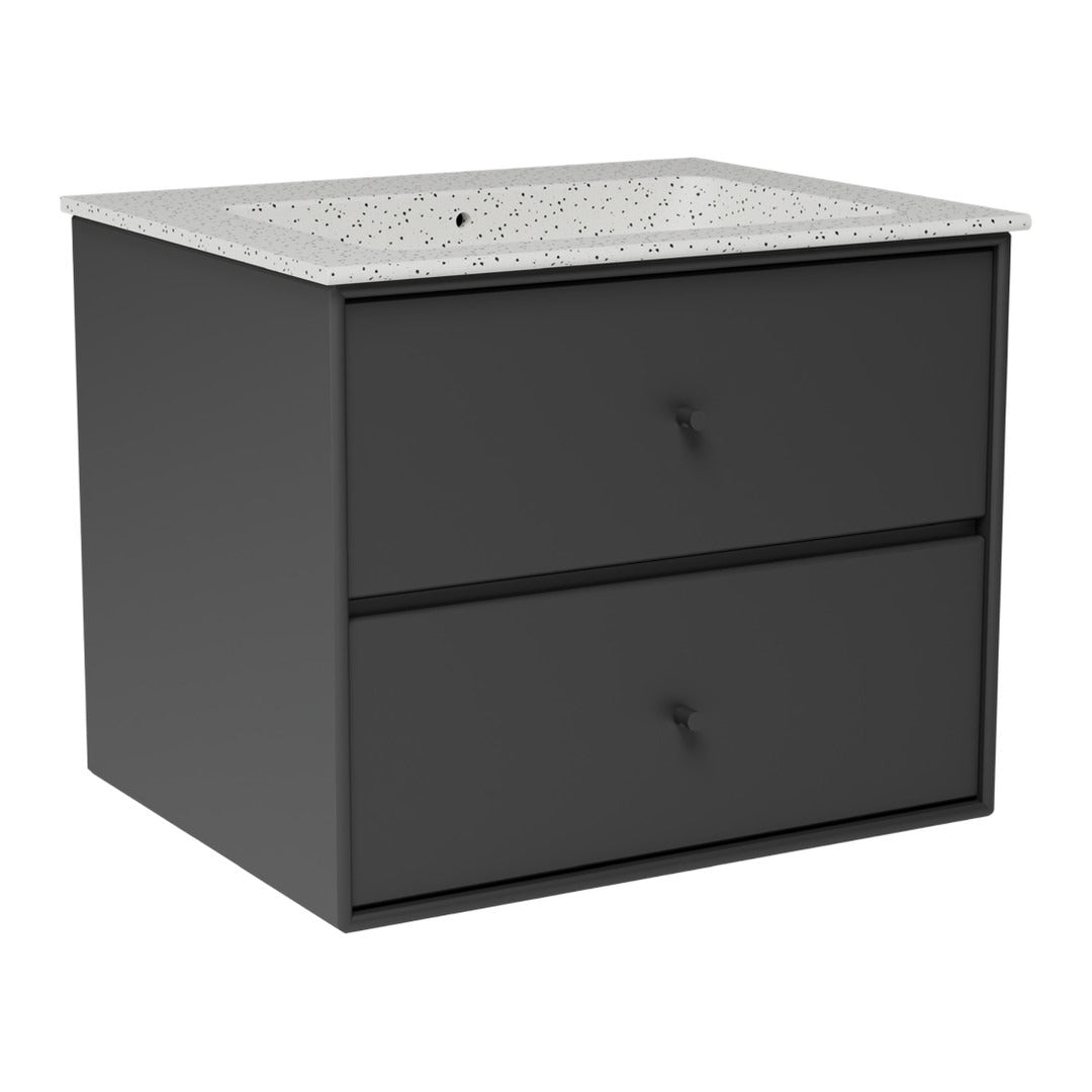 Modern black vanity with a speckled white countertop and sleek drawer handles. Ideal for contemporary bathrooms.