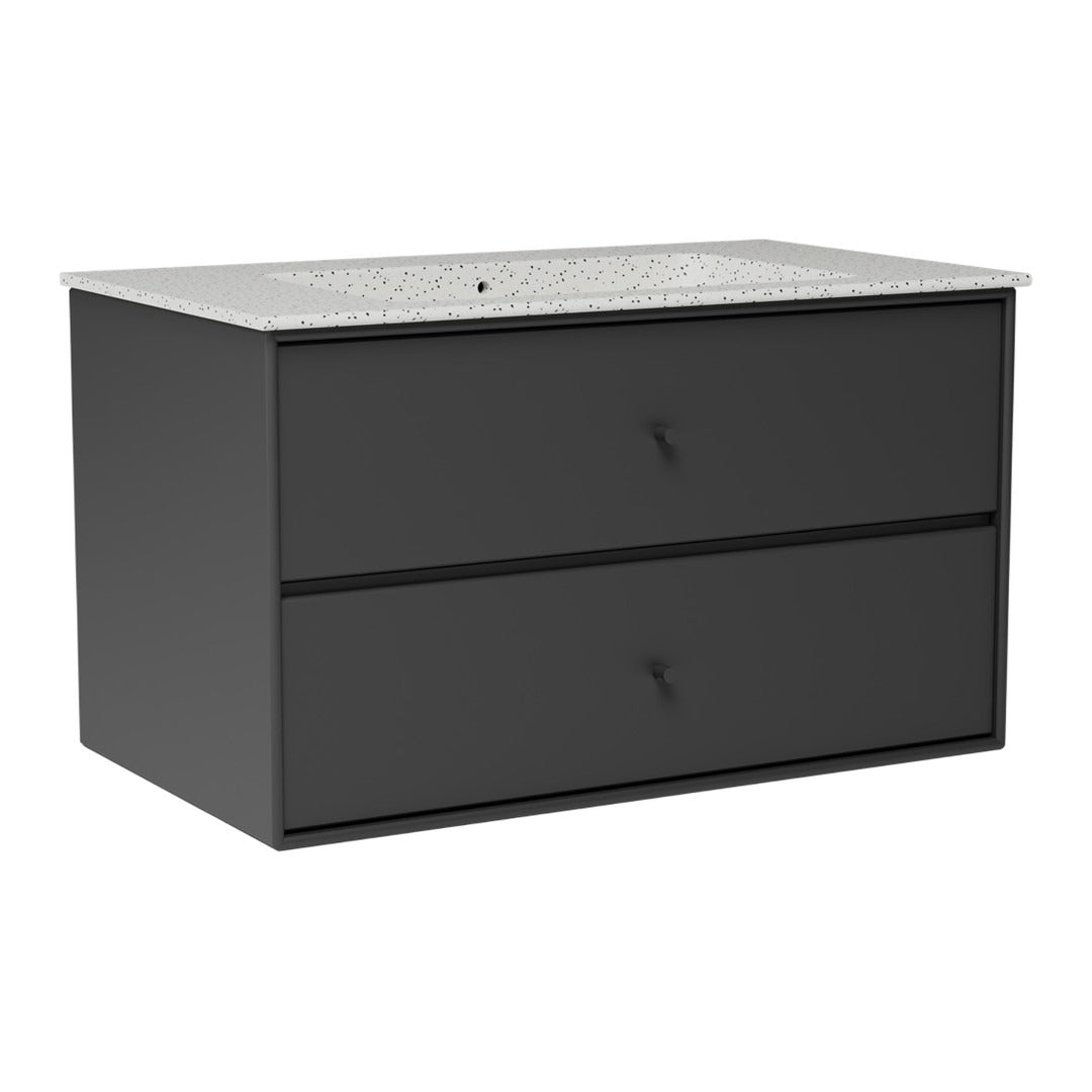 Sleek black bathroom vanity with a speckled white countertop and minimalist design. Perfect for modern decor.