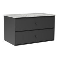 Sleek black bathroom vanity with a speckled white countertop and minimalist design. Perfect for modern decor.