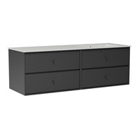 Sleek black dresser with four drawers and smooth finish, showcasing a minimalist design.