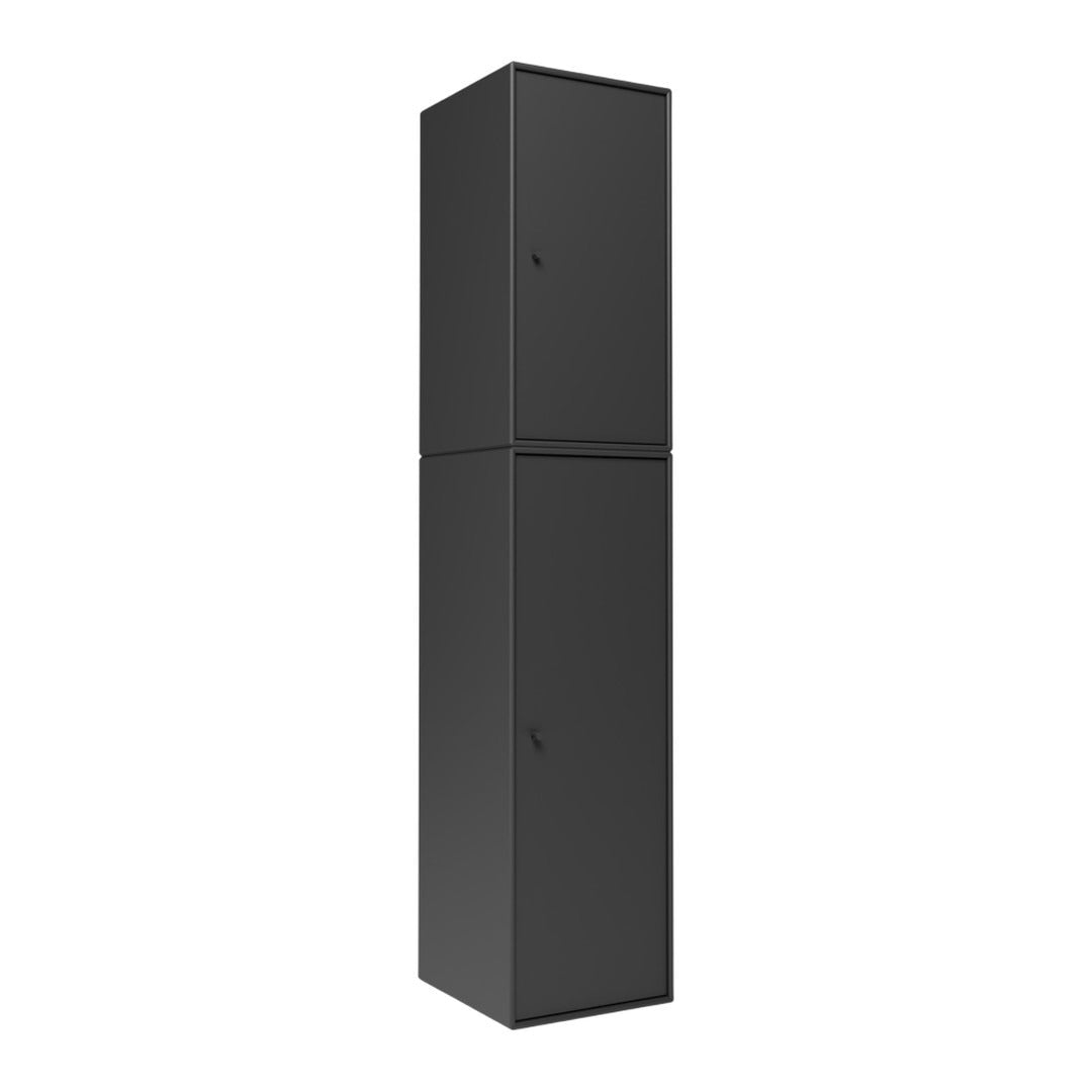 Sleek black storage cabinet with a smooth finish and minimalistic design, featuring two doors.