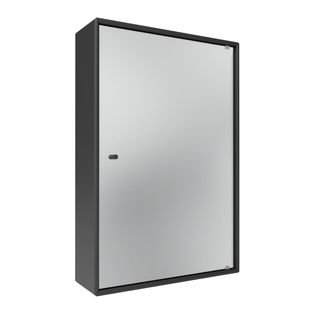 Sleek black cabinet with a smooth silver mirrored front, adding modern elegance to any space.