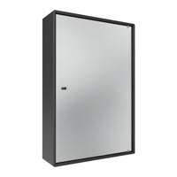 Sleek black cabinet with a smooth silver mirrored front, adding modern elegance to any space.