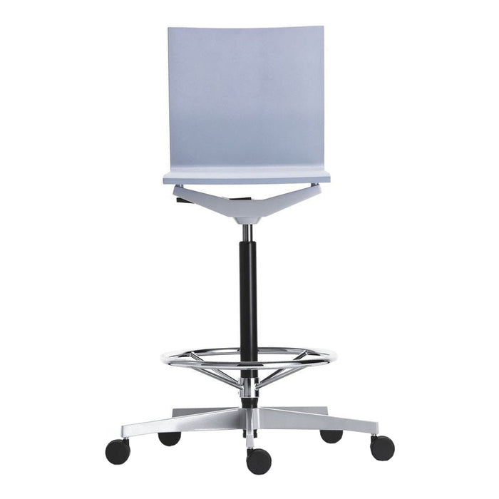 Light blue chair with a minimalist design, featuring a black base and silver accents on a rolling frame.