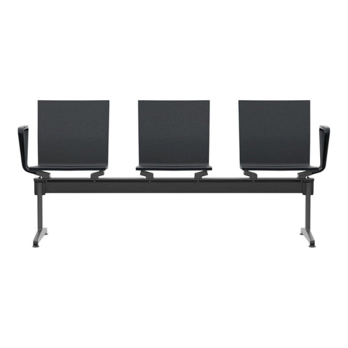 Three minimalist black waiting chairs on a sleek metallic frame, showcasing a modern and professional design.
