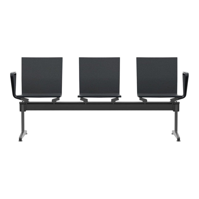 Three minimalist black waiting chairs on a sleek metallic frame, showcasing a modern and professional design.