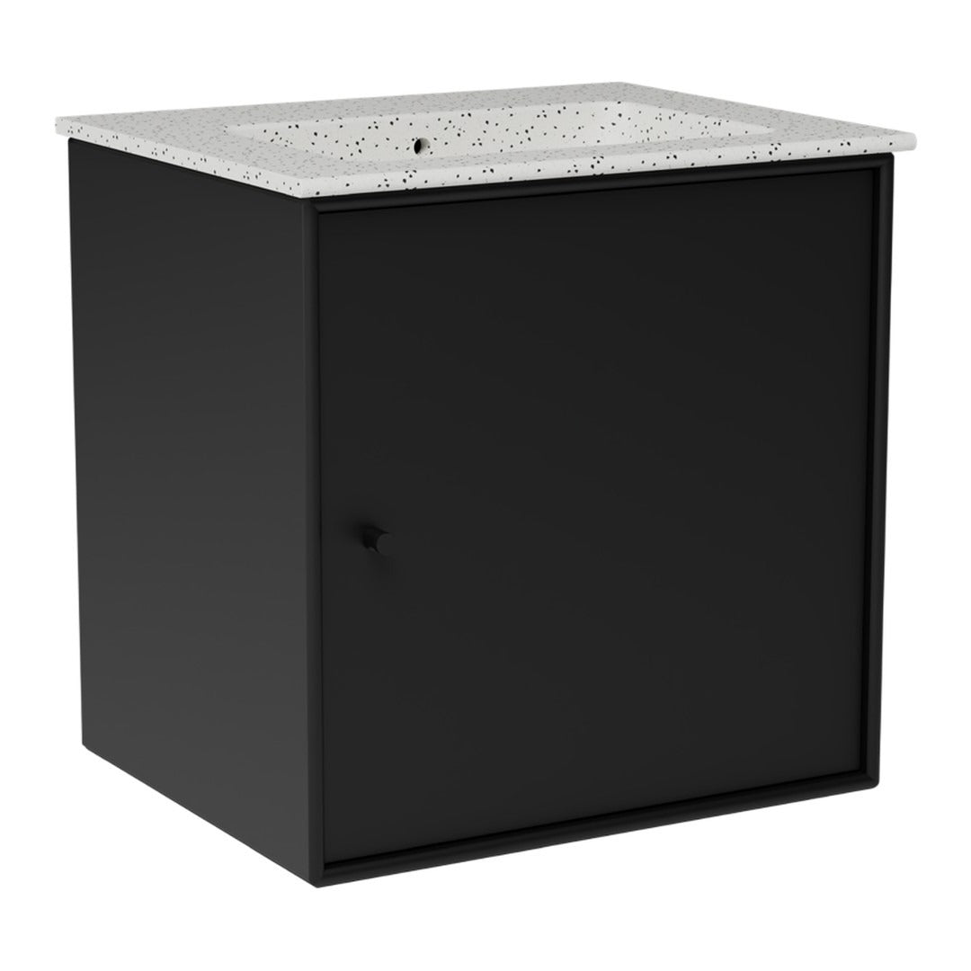 Black cabinet with a speckled white top, featuring a sleek, modern design and minimal patterning. Perfect for contemporary decor.