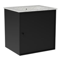 Black cabinet with a speckled white top, featuring a sleek, modern design and minimal patterning. Perfect for contemporary decor.
