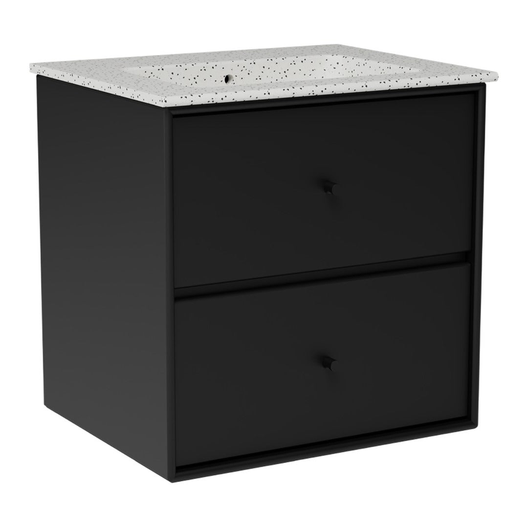 Black two-drawer cabinet with a speckled white and gray countertop