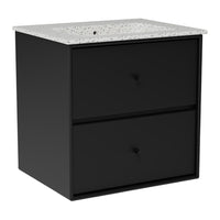 Black two-drawer cabinet with a speckled white and gray countertop