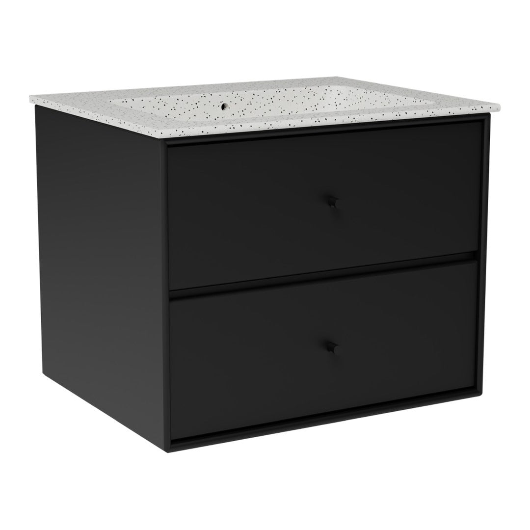 Black cabinet with a speckled white countertop and simple black knobs, featuring a sleek, modern design.