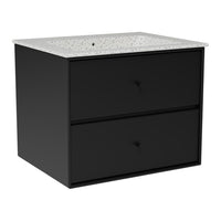 Black cabinet with a speckled white countertop and simple black knobs, featuring a sleek, modern design.