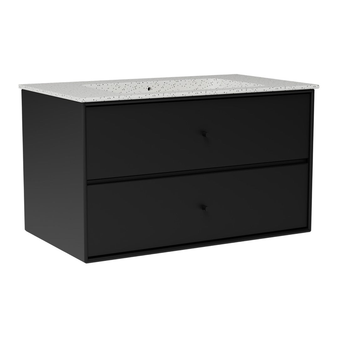 Sleek black bathroom vanity with a speckled white countertop and two spacious drawers. Modern and stylish design.