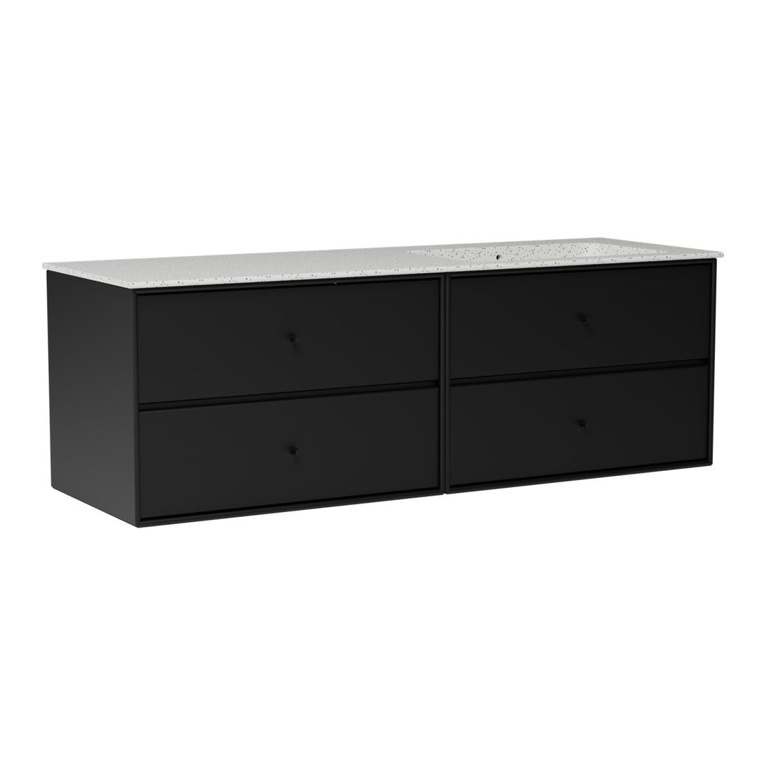 Black modern dresser with four drawers and a sleek white top. Elegant, minimalist design. Perfect for any room.