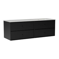 Black modern dresser with four drawers and a sleek white top. Elegant, minimalist design. Perfect for any room.