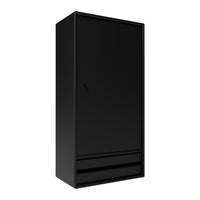 Sleek black wardrobe with a smooth finish and minimalistic design, featuring a clean front and subtle drawer lines.