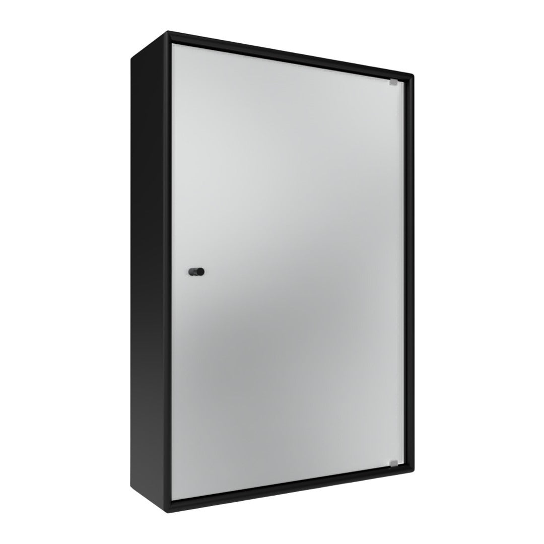 Black cabinet with a sleek, mirrored front surface, featuring a minimalist design and smooth finish.