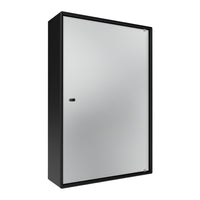 Black cabinet with a sleek, mirrored front surface, featuring a minimalist design and smooth finish.