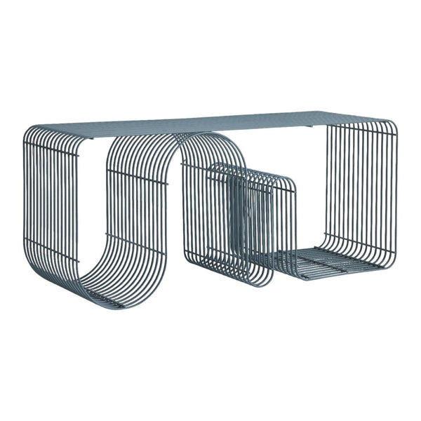 Sleek gray wire table with minimalist design, featuring curved and linear patterns for modern decor.