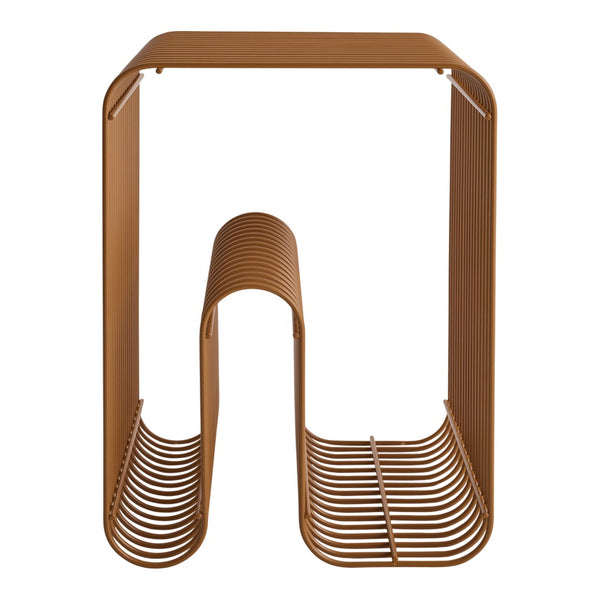 Brown metal shelf with a modern lined design, featuring a sleek and minimalist look. Perfect for stylish storage.