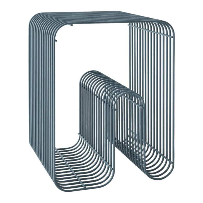 Blue wireframe side table with curved lines and modern geometric pattern. Ideal for contemporary decor.