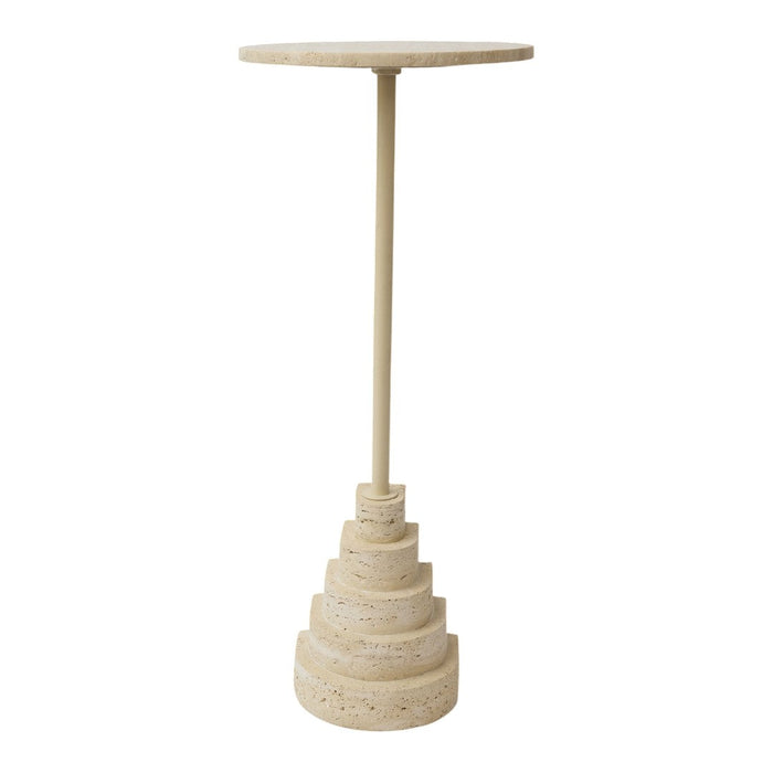 "Elegant beige pedestal table with tiered base and smooth circular top, featuring subtle speckled texture."