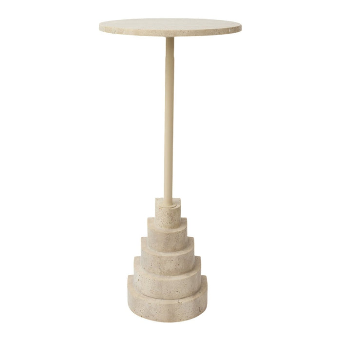 Cream-colored pedestal table with a textured, tiered base for a modern, minimalist look.