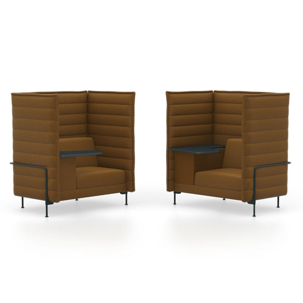 Brown upholstered booth seating with a minimalist design and sleek black metal legs. Modern and versatile.