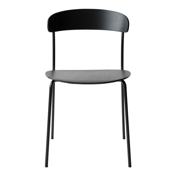 Black metal chair with a sleek design and smooth gray wooden seat, ideal for modern decor.