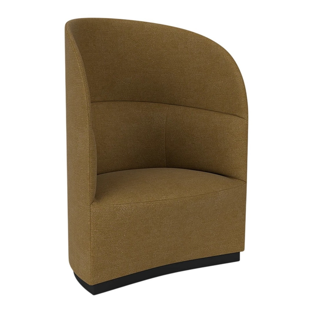 Curved accent chair in a warm brown fabric with smooth, minimalist design and black base. Ideal for modern decor.