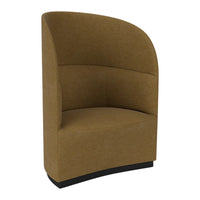 Curved accent chair in a warm brown fabric with smooth, minimalist design and black base. Ideal for modern decor.