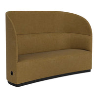 Brown curved sofa with a smooth fabric finish and a minimalist design, featuring a black base for contrast.