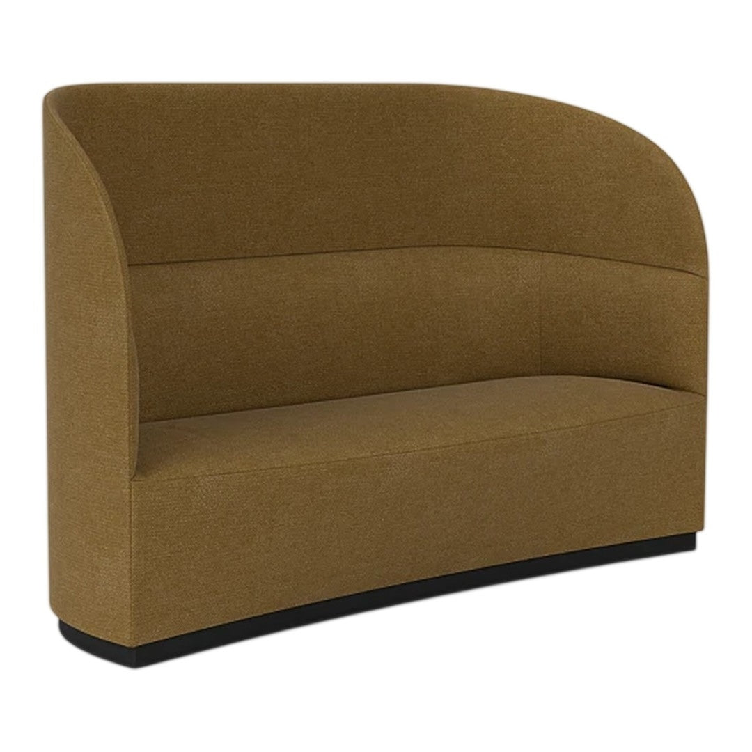 Curved brown upholstered sofa with a smooth texture and minimalist design, featuring a solid black base.
