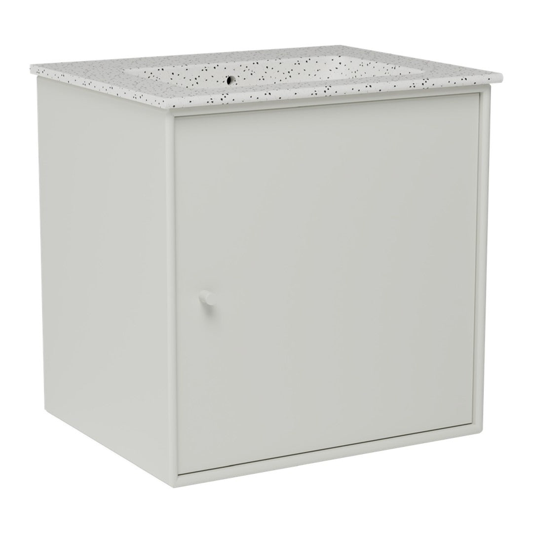 Light gray storage cabinet with a speckled white top and sleek, minimalist design. Perfect for modern décor.