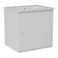 Light gray storage cabinet with a speckled white top and sleek, minimalist design. Perfect for modern décor.