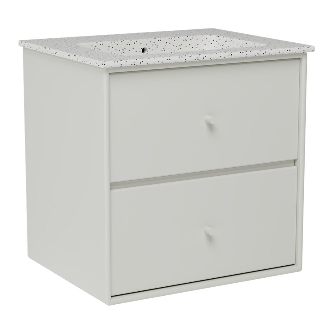 White wooden nightstand with intricate gray patterned top and two spacious drawers. Ideal for modern decor.