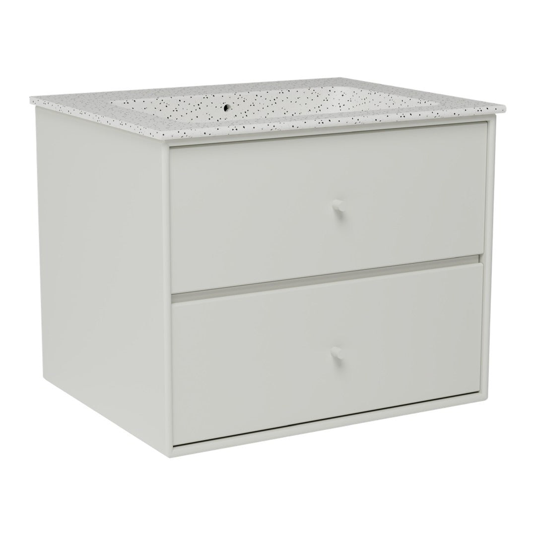 Modern white bathroom vanity with a speckled gray countertop and two smooth drawers. Sleek and minimalistic design.