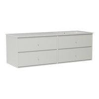 Light gray dresser with a smooth finish and four spacious drawers, featuring minimalist design and subtle knob accents.