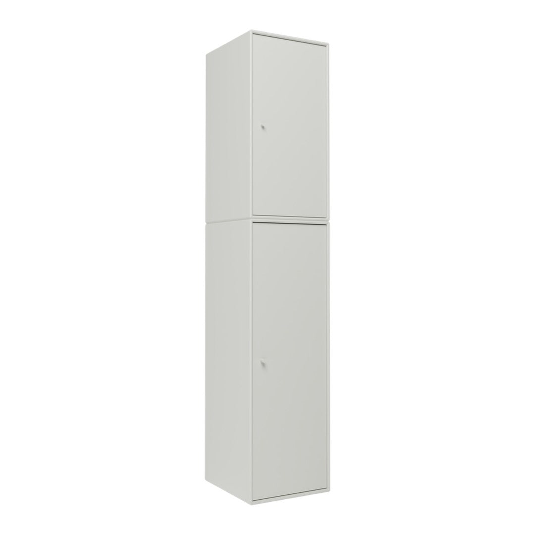 Tall white storage cabinet with a minimalist design and smooth, solid surface. Ideal for modern spaces.