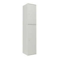 Tall white storage cabinet with a minimalist design and smooth, solid surface. Ideal for modern spaces.