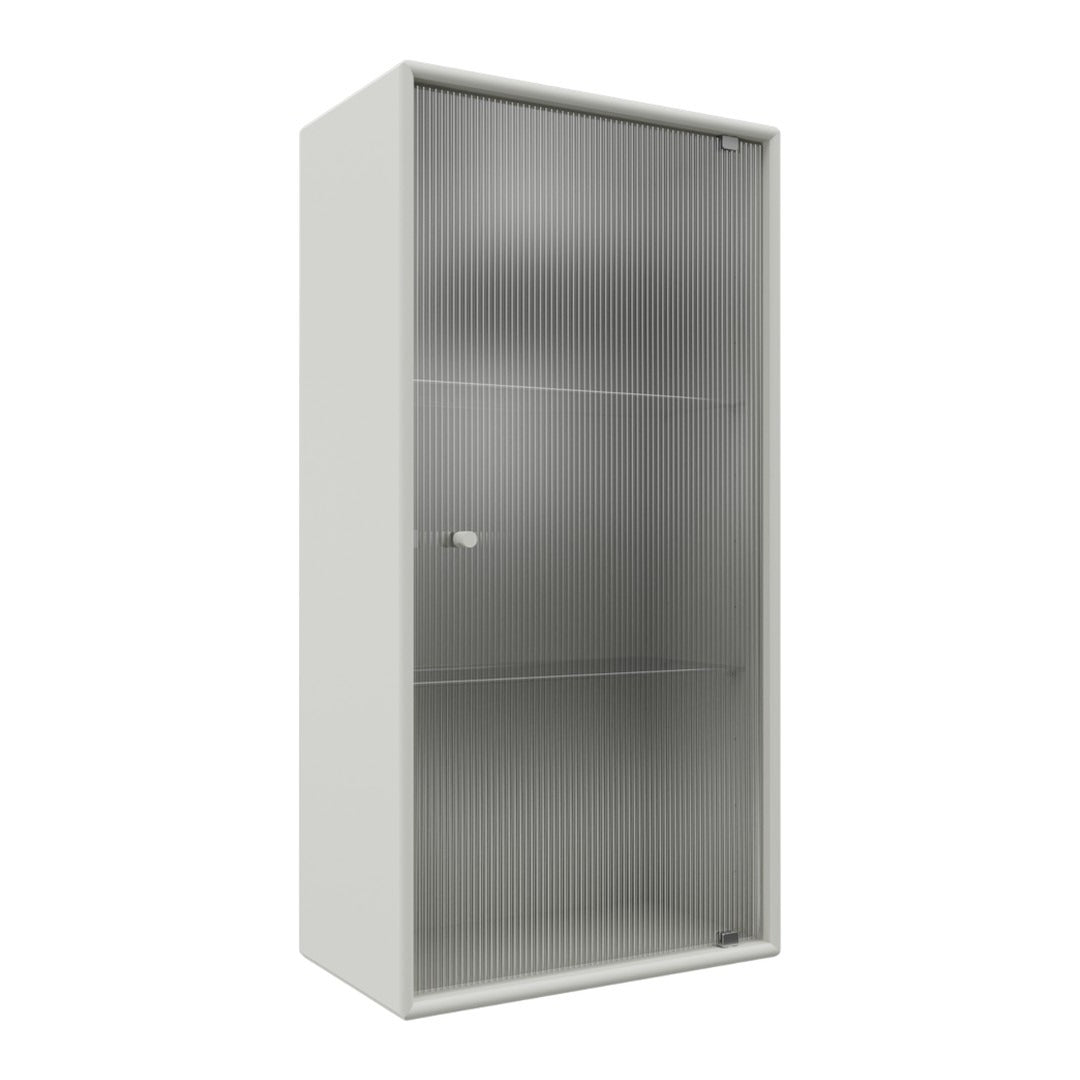 White storage cabinet with a sleek, smooth surface and subtle vertical ribbed texture on the doors.