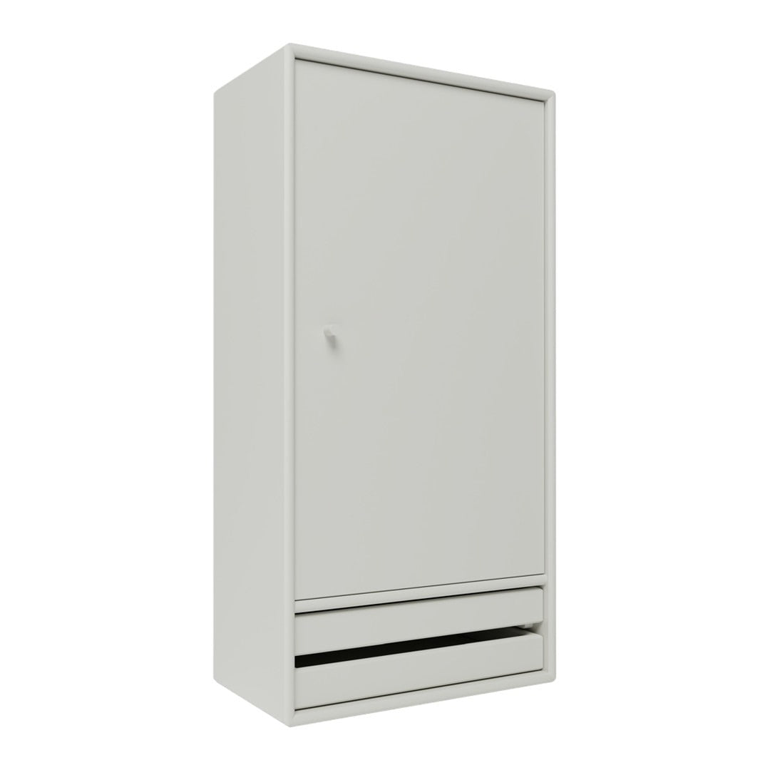 Minimalist gray wardrobe with a sleek design featuring solid surfaces and a contrasting black drawer handle.