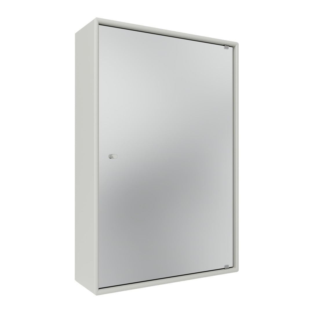 Silver mirror cabinet with a sleek, modern design and minimalistic white frame, perfect for contemporary spaces.