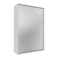 Silver mirror cabinet with a sleek, modern design and minimalistic white frame, perfect for contemporary spaces.