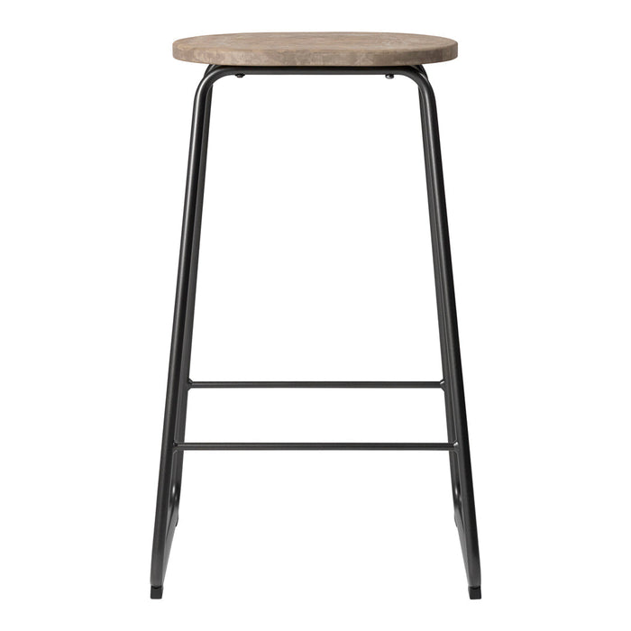 Natural wood top with a smooth finish and a sleek black metal frame. Ideal for modern decor.