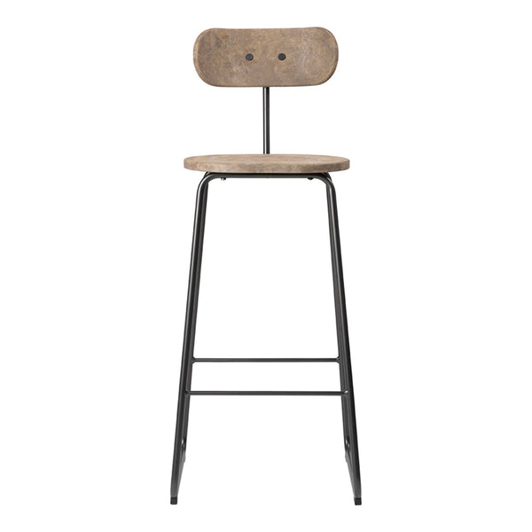 Wooden bar stool with a natural finish and black metal legs; minimalist design with a simple pattern.
