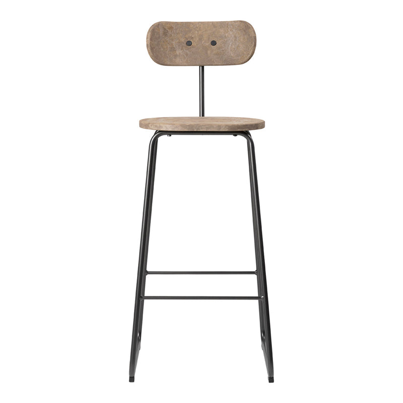 Wooden bar stool with a natural finish and black metal legs; minimalist design with a simple pattern.