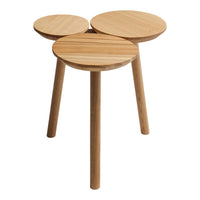 Natural wood stool with three round tabletops, featuring a light tan finish and smooth, minimalistic design.