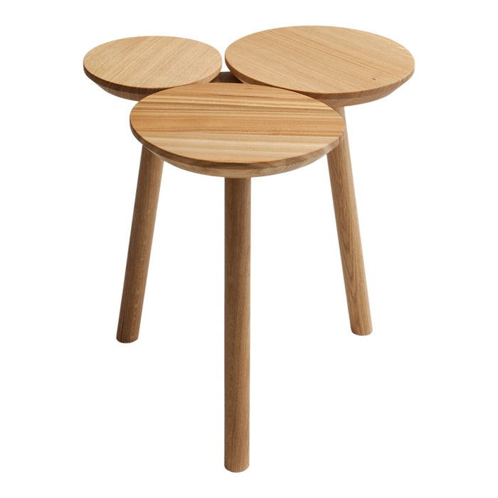 Natural wood stool with three round tabletops, featuring a light tan finish and smooth, minimalistic design.