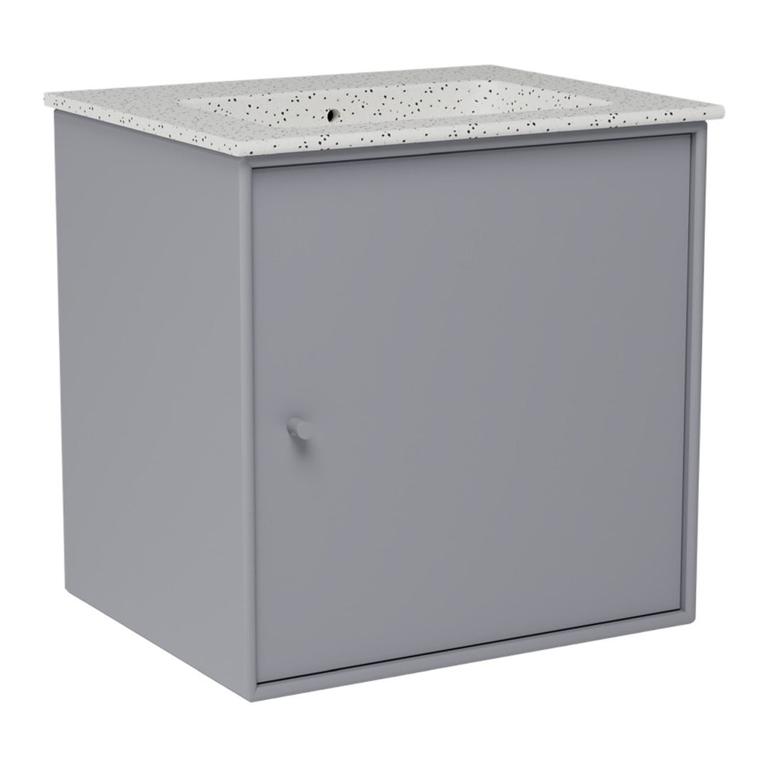 Gray storage cabinet with a speckled white countertop, perfect for modern decor.